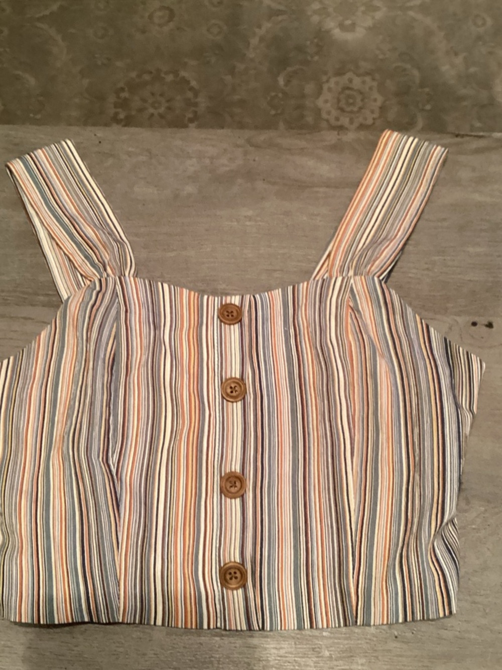 Paper Crane Multi-Stripe Button-Front Crop Top in Blue, Tan & Cream